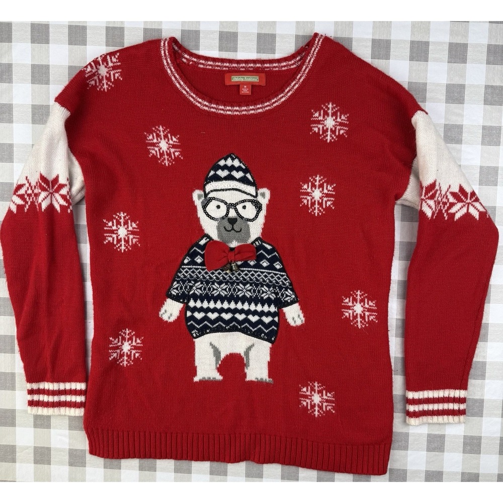 Holiday Traditions Polar Bear Ugly Christmas‎ Sweater Medium Red